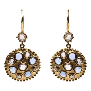 18K Yellow Gold 1 2/3 Cttw Diamond and Blue Sapphire Bezel Set Gemstone Cluster Medallion Dangle Earrings (Brown and G-H Color, SI1-SI2 Clarity) For Sale