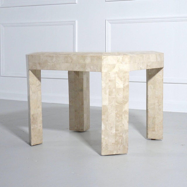 Beautiful Casa Bique and Maitland Smith attributed side table in tessellated stone with beveled edges and inlaid brass...