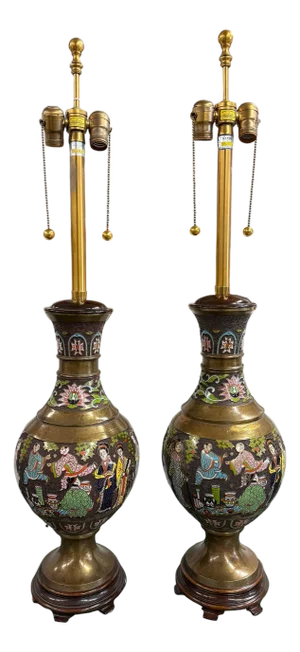 Pair or Marbro Chinese Champleve Enamel Lamps