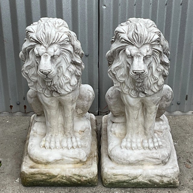 Traditional Vintage Traditional Gatekeeper Cast Cement Lion Statues - A Pair For Sale - Image 3 of 10