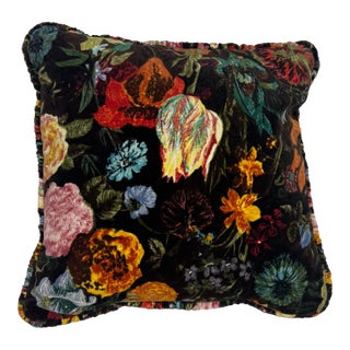 Vibrant Printed Velvet Floral Accent Pillow For Sale