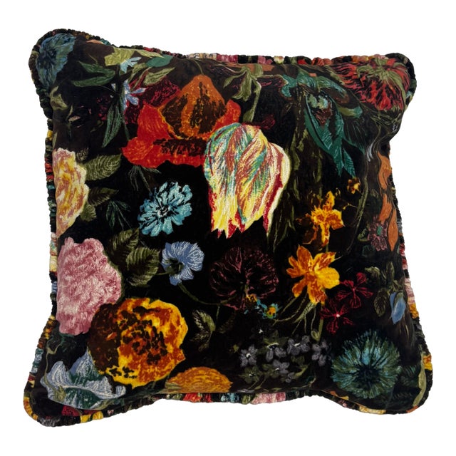 Vibrant Printed Velvet Floral Accent Pillow For Sale