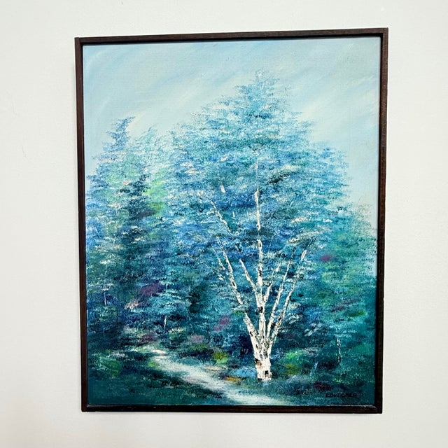 Textile Vintage Signed E. Dutcher Birch Landscape Painting in Blue-Green Tones For Sale - Image 7 of 8