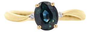 1.3 Carat Oval Cut Blue Sapphire and Diamond 3 Stone Curvy Ring, Size 6.5