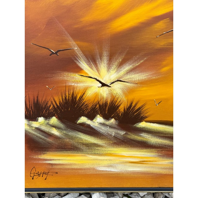 1960s Framed Mid Century Modern Coastal Sunset Seagulls Oil Painting on Canvas Artist Signed For Sale - Image 5 of 6