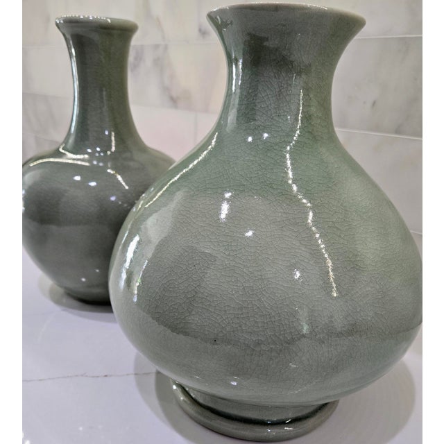 Vintage Thai Celadon Green Crackle Glaze Ceramic Vases — A Pair For Sale - Image 4 of 17