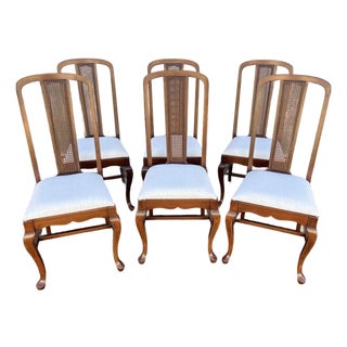 Early 1900's Walnut Cane Back Dining Chairs- Set of 6- Newly Reupholstered For Sale