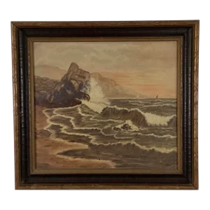 1917 West Coast Seascape by Ethel May Copeland Rocky Cliffs Beach W Sailboats