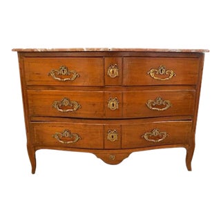 1770s Bow Front French Provincial Walnut Marquetry Commode With Marble Top For Sale