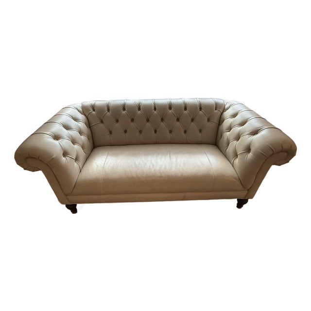 Cream-Colored, Leather Chesterfield Sofa For Sale