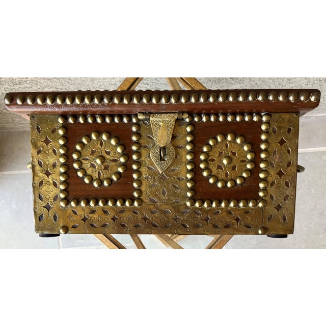 Mid 20th‑Century Spanish Colonial-Style Hand Hewn Walnut Wood & Brass Accent Box For Sale - Image 16 of 18