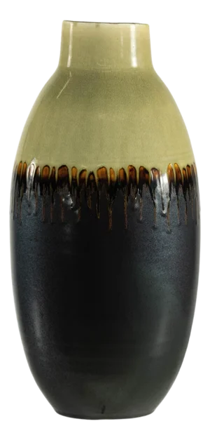 Vintage Tall Ceramic Vase in Green and Dark Brown Glaze with Drip Design