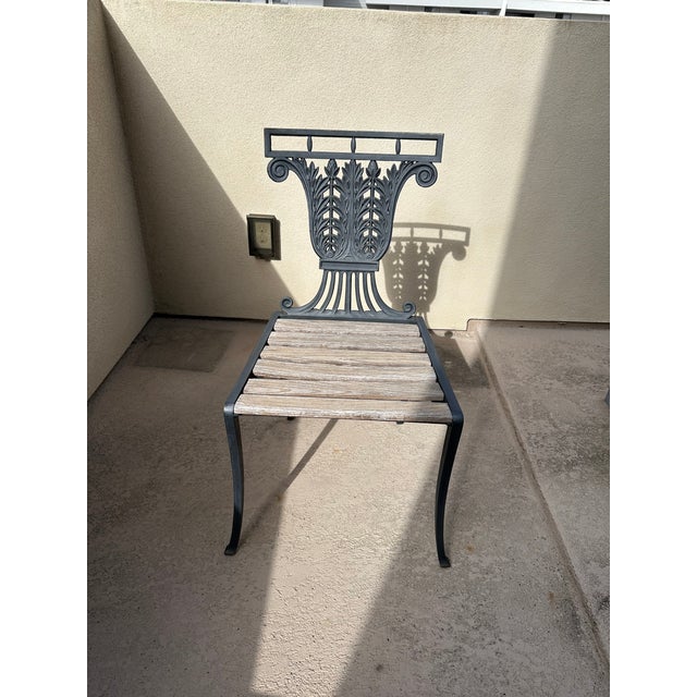 1930s Pair of Neoclassical Lyre Back Cast Iron Lyre Back With Weathered Wood Seats For Sale - Image 4 of 18