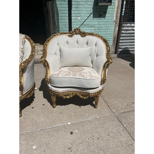 1960s Louis XV 3 Piece Gold Leaf Wood Salon Sofa Set Settee Set For Sale - Image 4 of 9