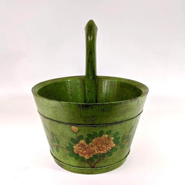 Asian 20th Century Hand Painted Wooden Bucket With Handle For Sale - Image 3 of 7