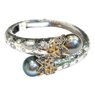 Bochic "Orient" Vintage Sapphire, Topaz & Pearl Bangle Set White 18K & Silver For Sale