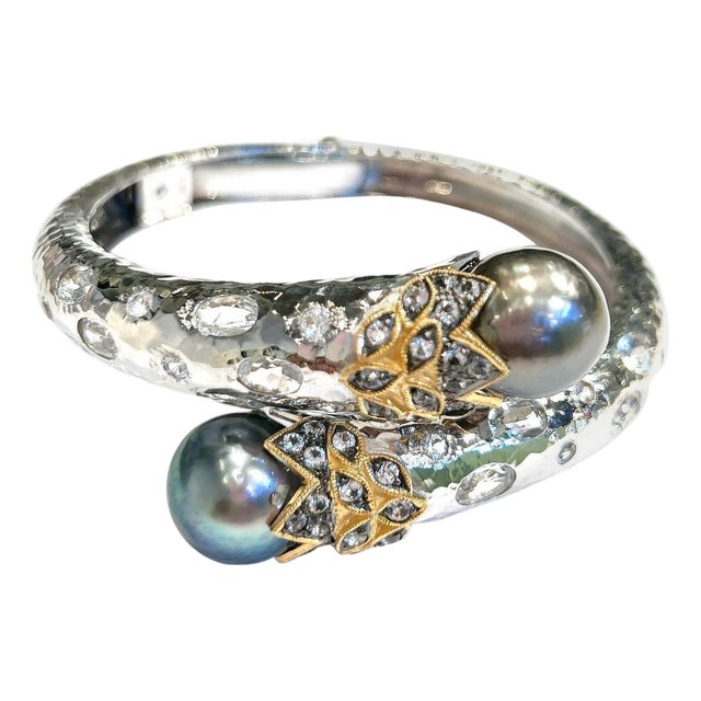 Bochic "Orient" Vintage Sapphire, Topaz & Pearl Bangle Set White 18K & Silver For Sale