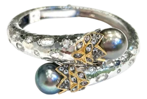 Bochic "Orient" Vintage Sapphire, Topaz & Pearl Bangle Set White 18K & Silver