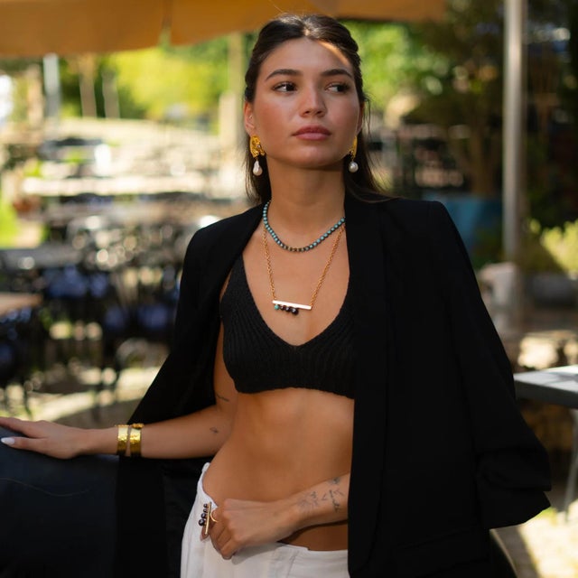 Modern Harmony Black Pearl & Turquoise Gold Necklace For Sale - Image 12 of 13