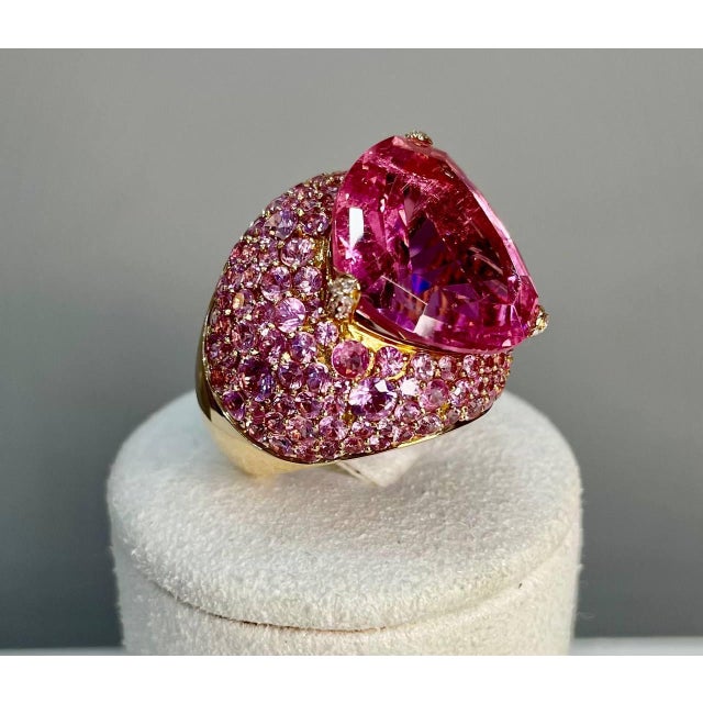 Pink Tourmaline Rubellite Pink Sapphire Diamond Pave 18k Rose Gold Unique Ring, Size 7 For Sale - Image 4 of 14