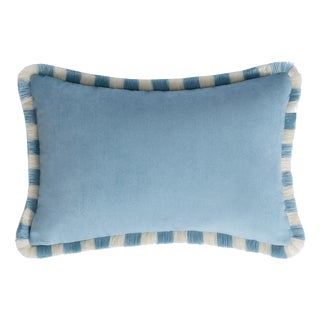 Bicolor Happy Cushion in Light Blue Velvet with Light Blue and White Fringes from Lo Decor For Sale