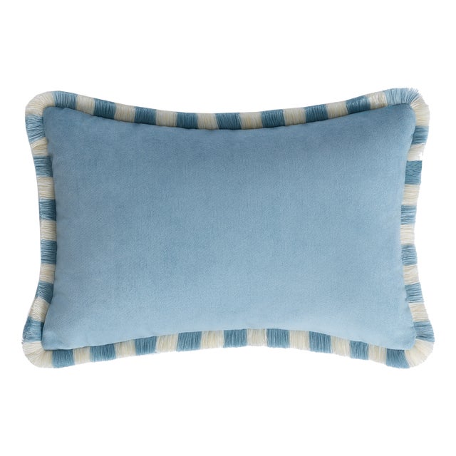 Bicolor Happy Cushion in Light Blue Velvet with Light Blue and White Fringes from Lo Decor For Sale