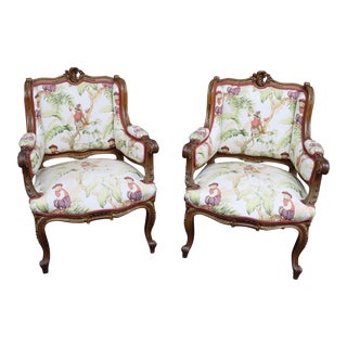 Louis XV Style Bergeres- Monkey Upholstery For Sale