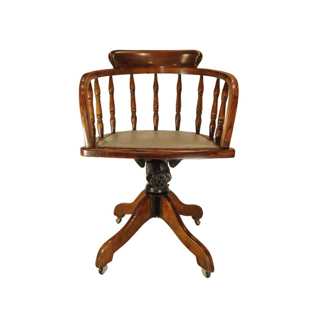 Antique Captain's Desk Chair with Brass Stud Detailing and Iron Base, 1930s For Sale - Image 4 of 10