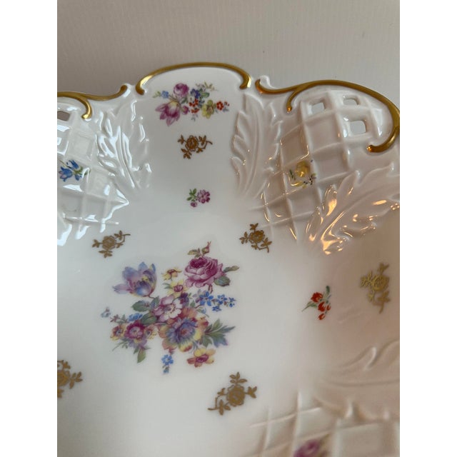 Art Deco 1970s Reichenbach Germany 11" Diameter Footed Floral Gold Trim Reticulated Dish For Sale - Image 3 of 18
