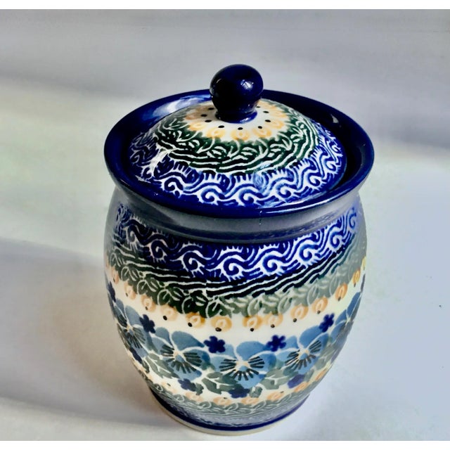 Vintage Maria Starzyk Hand Painted Bue "Pansy" Pottery Lidded Jar For Sale - Image 4 of 12