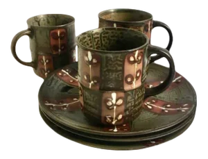 Mid 20th Century Hand Painted Ceramic Mugs and Plates - Set for 3