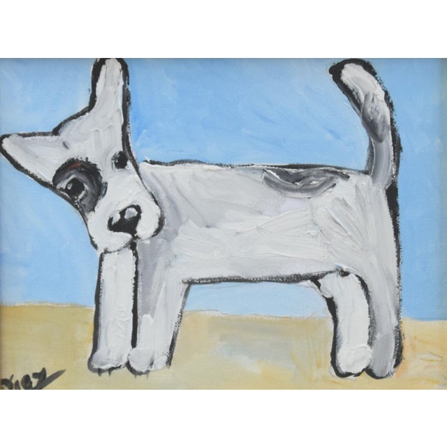 Abstract Fun Folk Art Doggie Dog Puppy Oil Painting Including the Gold Wood Frame For Sale - Image 3 of 5