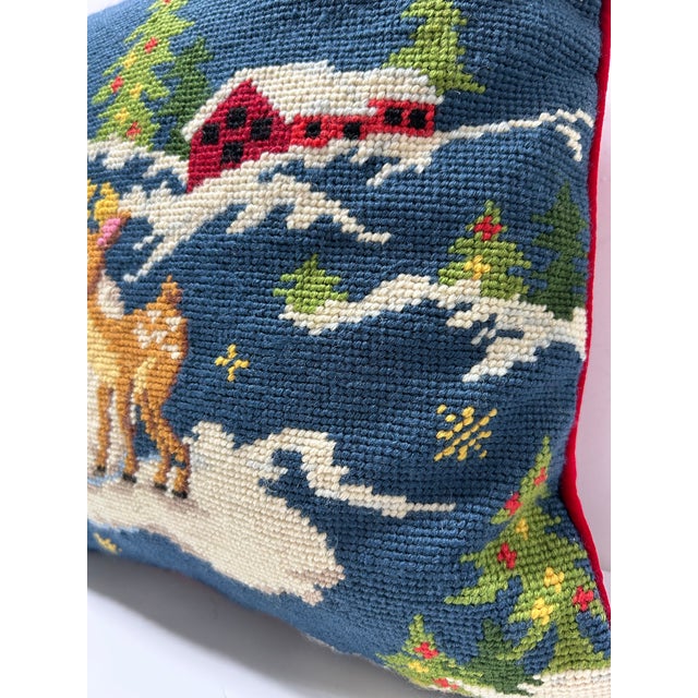 Traditional Needlepoint Christmas Pillow, Snowman & Reindeer, 1991 Peking Handicraft For Sale - Image 3 of 8