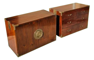 Mid-Century Set of 2 Stackable Chinoiserie Rosewood Campaign Style Cabinet and Chest of Drawers With Retractable Pull-Up Side Handles