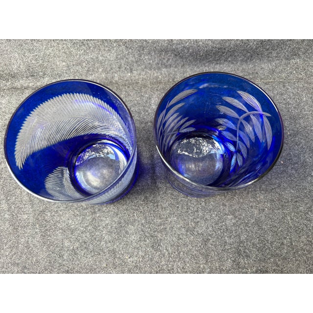 Mid 20th Century Bohemia Cut to Clear Cobalt Etched Tumblers Glasses a Pair For Sale - Image 12 of 15