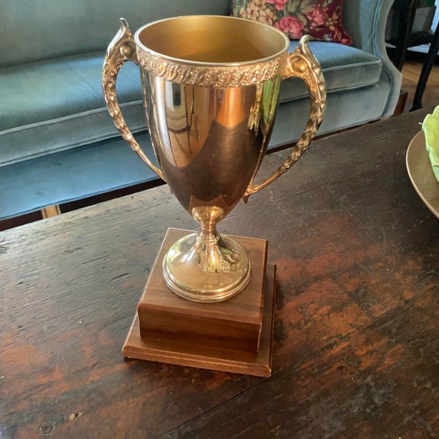 Classic Gold-Tone Metal Loving Cup Trophy Mounted on a Tiered Walnut Wood Base. For Sale In Sacramento - Image 6 of 13