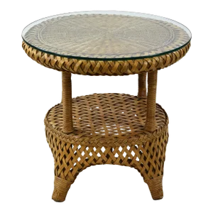 1970s Vintage Woven Rattan & Bamboo Two Tier Side Table With Glass Top