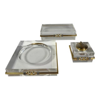 3 Piece Set of Vintage Lucite With Gold and Chrome Banded Pieces From Palm Beach 1970's For Sale
