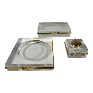 3 Piece Set of Vintage Lucite With Gold and Chrome Banded Pieces From Palm Beach 1970's
