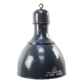 Industrial Pendant Light in Dark Blue Enamel and Brass, 1950s For Sale