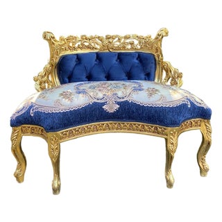 1980s French Louis XVI Blue Gold Beech Velvet Settee For Sale