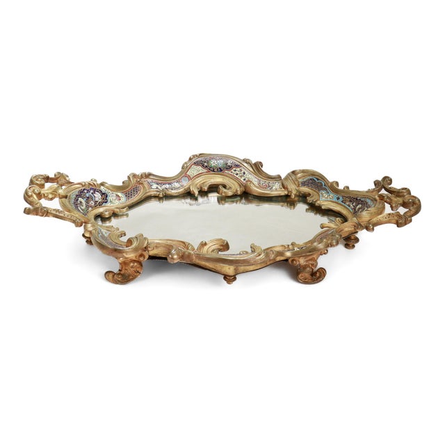 Large Antique French Gilt Bronze & Champlevé Enamel Mirrored Plateau or Tray For Sale - Image 4 of 18