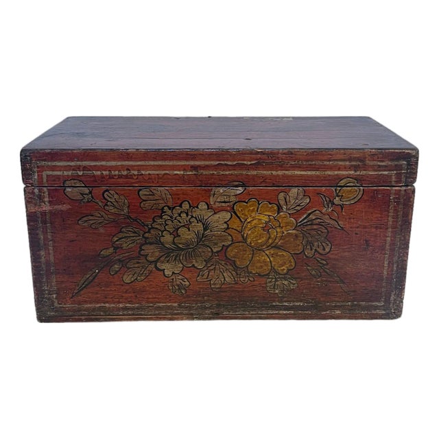 Hand-Decorated Wooden Box, 19th Century For Sale