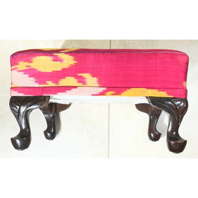 Antique Solid Wood Footstool / 19th-Century Silk Ikat /Artisan Statement Piece For Sale - Image 10 of 16