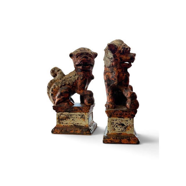 Pair of Vintage Japanese Cast Metal Guardian Lion Foo Dog Sculptures For Sale - Image 4 of 6