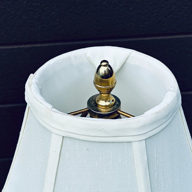 Virginia Metalcrafters Virginia Metalcrafters Solid Brass Candlestick Lamp With Silk Shade and Brass Acorn Finial For Sale - Image 4 of 11