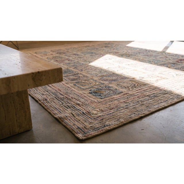 Colorful Square in a Geometric Design With Lovely Ivory Background Antique American Hooked Rug For Sale In New York - Image 6 of 8