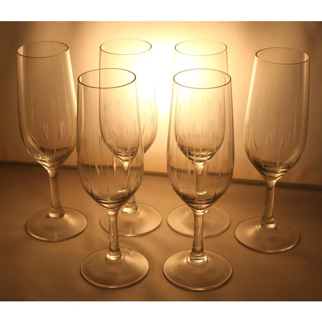 Mid 20th Century Mid Century Modern Century Champagne Flutes Clear Crystal With Incised Vertical Lines Set of 6 For Sale - Image 5 of 12