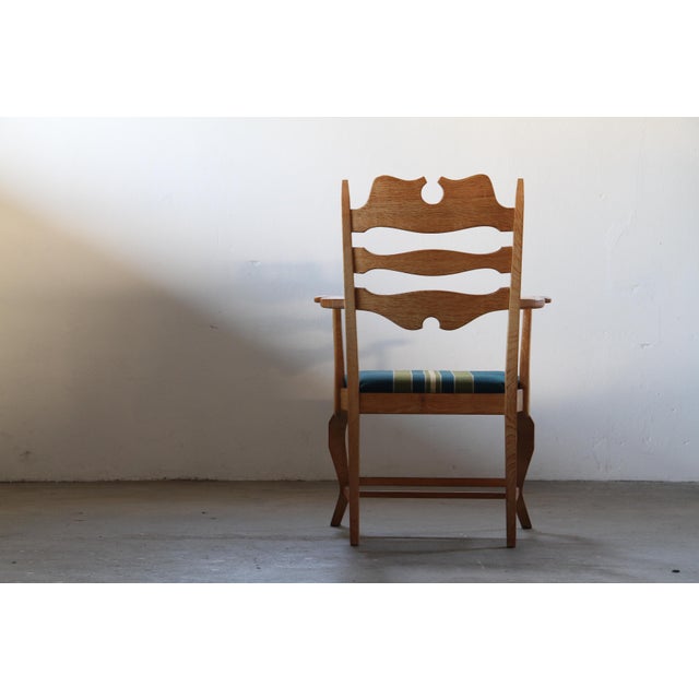 Vintage Brutalist Oak Razorblade Green Striped Armchair by H. Kjærnulf, 1960s For Sale - Image 9 of 14