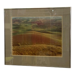Vintage Framed Landscape Photograph of Rolling Farmland Hills, Signed Color Print. For Sale